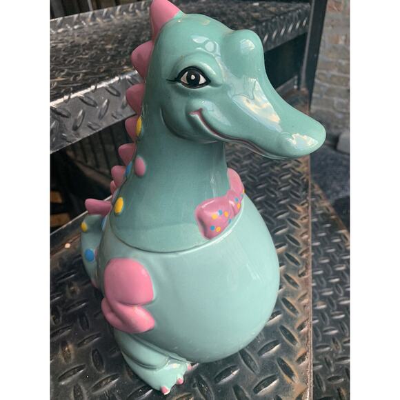 Vintage Kitsch Cute Candy Dapper Dragon Cookie Jar Bowtie Green Pink *Scratched* - Picture 12 of 13
